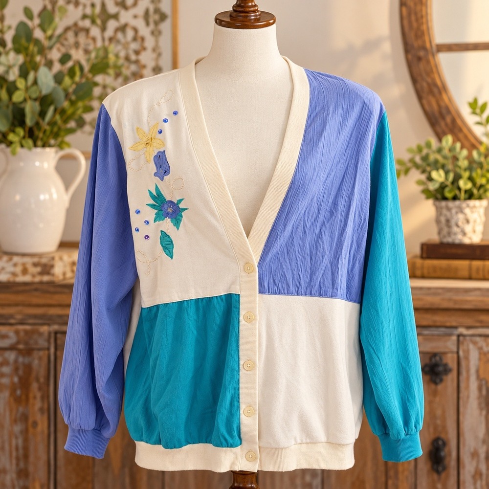 Alfred Dunner Vintage Colorblock Floral embroidery Cardigan with Shoulder Pads L